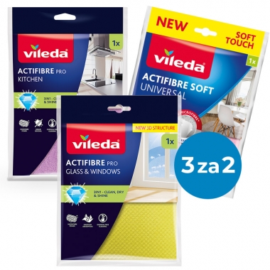 Zesztaw "3 za 2" Ściereczka Vileda Actifibre Soft 1 szt.+ Pro do szkła i okien 1 szt.+ Pro kuchenna 1 szt.